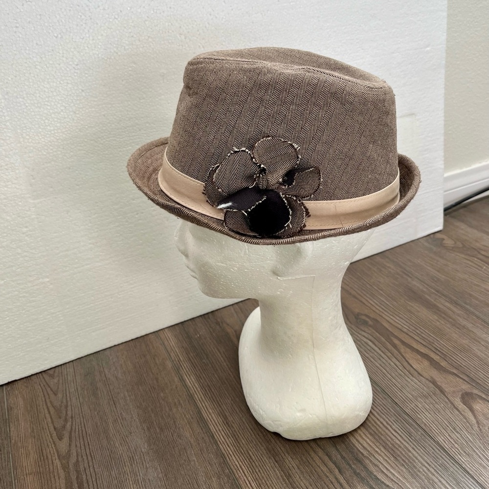 Brown Fedora Hat with Flower Accent
